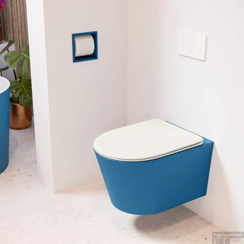 Koopje MONDIAZ LAVIE hangend toilet single fire rimless diepspoel Jeans, Toiletzitting met quick-release & softclose Linen