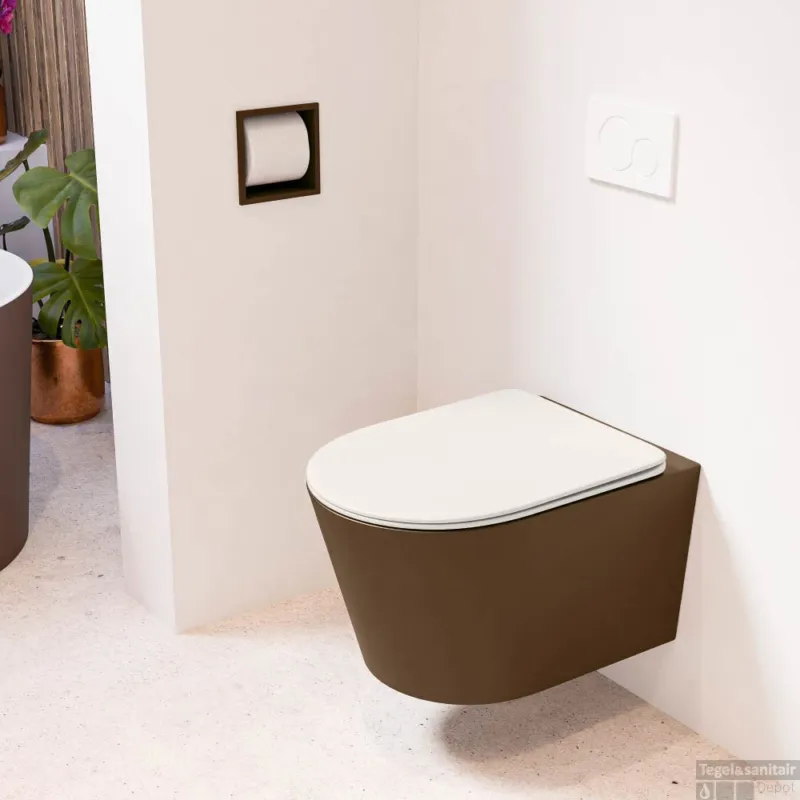 MONDIAZ LAVIE hangend toilet single fire rimless diepspoel Rust, Toiletzitting met quick-release & softclose Linen Koopje