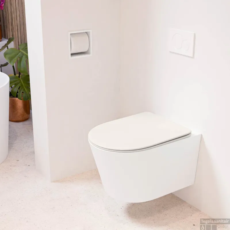 MONDIAZ LAVIE hangend toilet single fire rimless diepspoel Talc, Toiletzitting met quick-release & softclose Linen Direct Verzonden