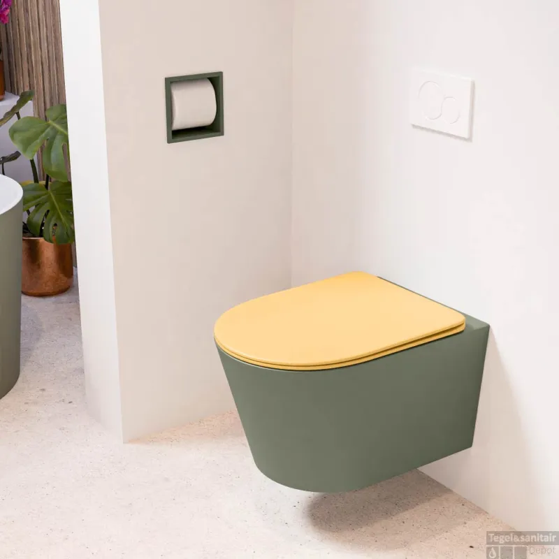 Laatste Kans MONDIAZ LAVIE hangend toilet single fire rimless diepspoel Army, Toiletzitting met quick-release & softclose Ocher