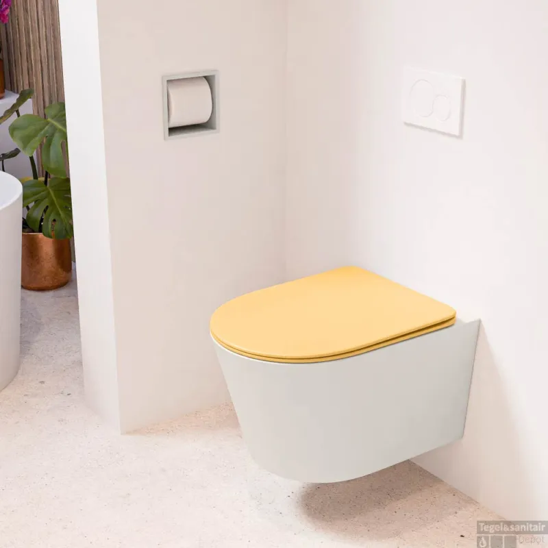 MONDIAZ LAVIE hangend toilet single fire rimless diepspoel Linen, Toiletzitting met quick-release & softclose Ocher Laatste Versie