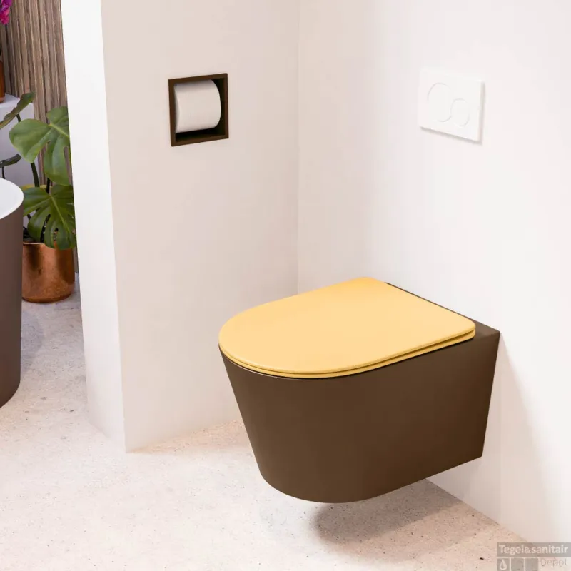 MONDIAZ LAVIE hangend toilet single fire rimless diepspoel Rust, Toiletzitting met quick-release & softclose Ocher Uitverkoop