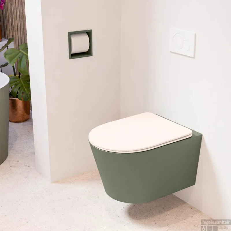MONDIAZ LAVIE hangend toilet single fire rimless diepspoel Army, Toiletzitting met quick-release & softclose Rosee Nu Kopen