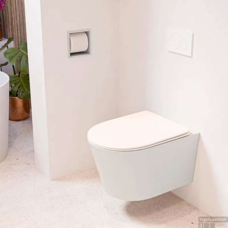 Betaalbaar MONDIAZ LAVIE hangend toilet single fire rimless diepspoel Linen, Toiletzitting met quick-release & softclose Rosee