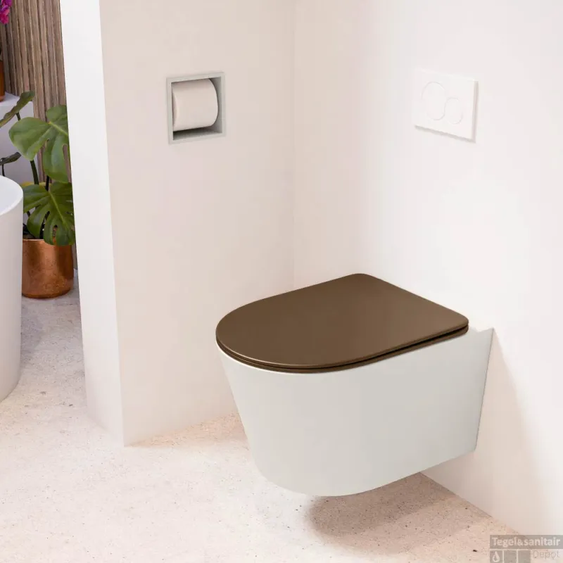 Weekendaanbieding MONDIAZ LAVIE hangend toilet single fire rimless diepspoel Linen, Toiletzitting met quick-release & softclose Rust