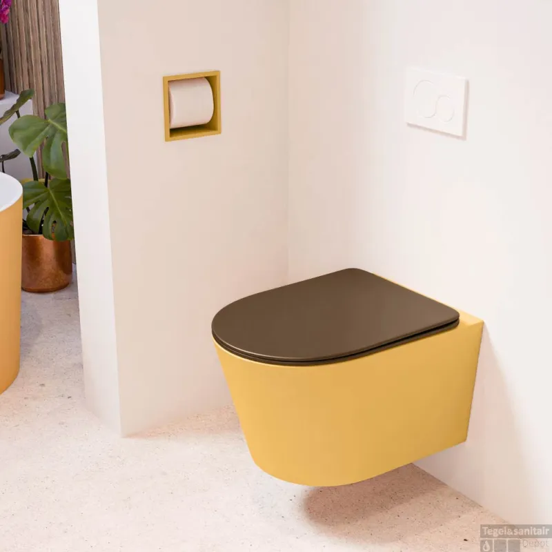 Nu Kopen MONDIAZ LAVIE hangend toilet single fire rimless diepspoel Ocher, Toiletzitting met quick-release & softclose Rust