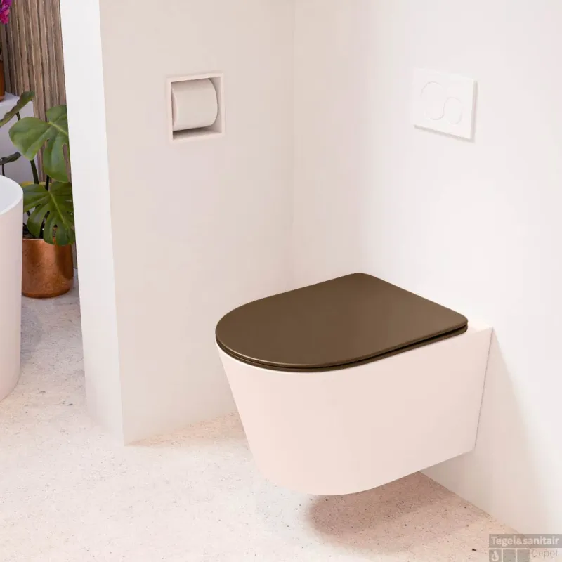 Voordeelprijs MONDIAZ LAVIE hangend toilet single fire rimless diepspoel Rosee, Toiletzitting met quick-release & softclose Rust