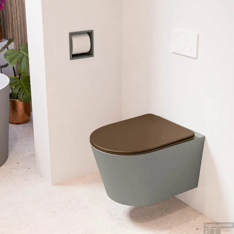 Must-Have MONDIAZ LAVIE hangend toilet single fire rimless diepspoel Smoke, Toiletzitting met quick-release & softclose Rust