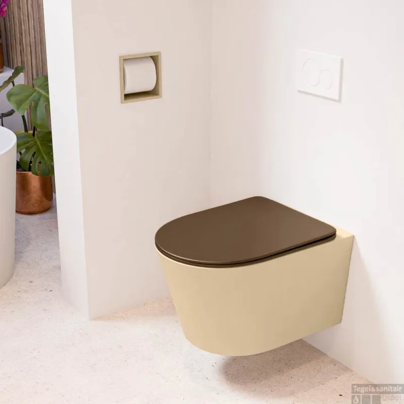 Seizoensaanbieding MONDIAZ LAVIE hangend toilet single fire rimless diepspoel Sand, Toiletzitting met quick-release & softclose Rust