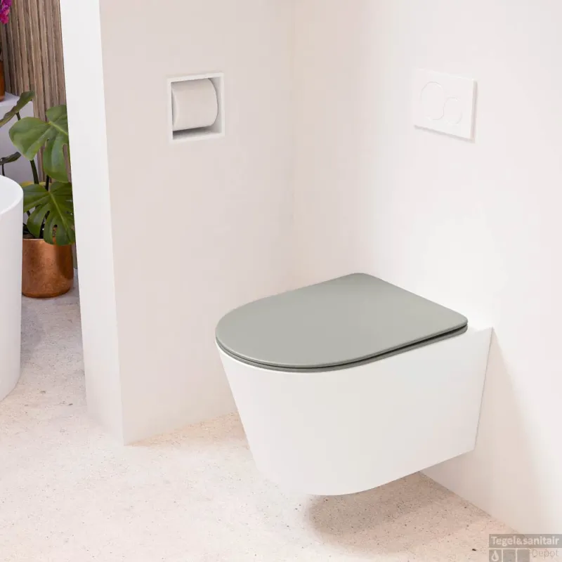 Koopje MONDIAZ LAVIE hangend toilet single fire rimless diepspoel Talc, Toiletzitting met quick-release & softclose Smoke