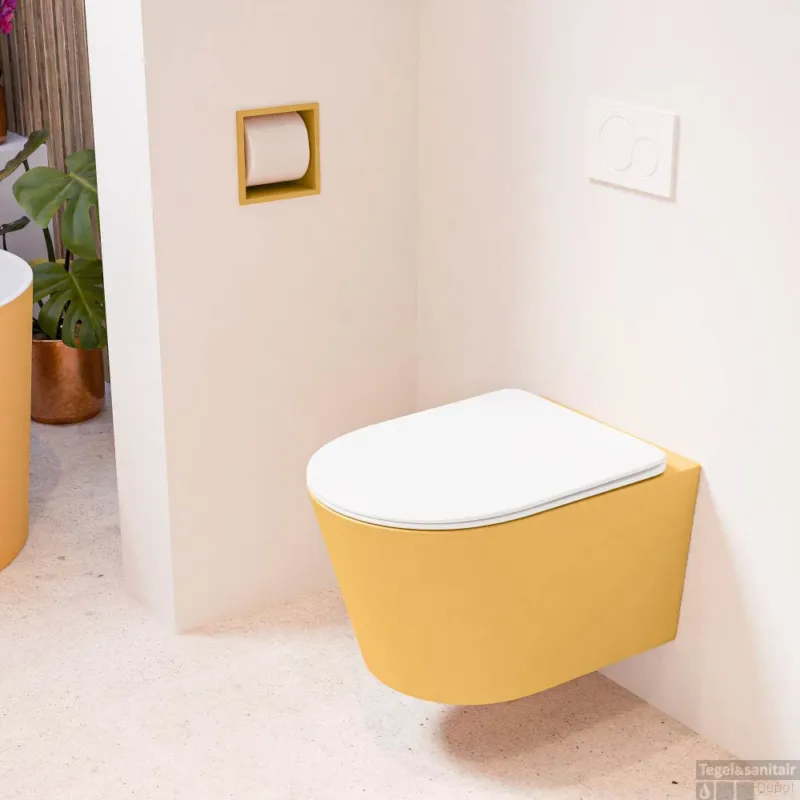 MONDIAZ LAVIE hangend toilet single fire rimless diepspoel Ocher, Toiletzitting met quick-release & softclose Talc Lage Prijs