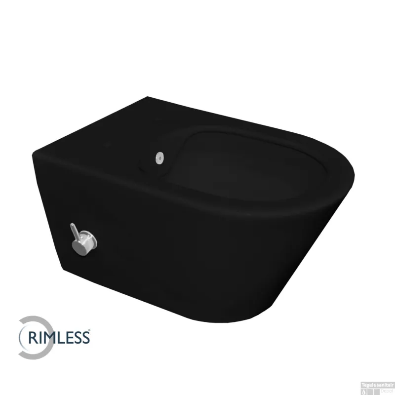 Favoriet Rimless Wandcloset Wiesbaden Luxe 53 cm met Ingebouwde Bidetkraan Koud Mat Zwart