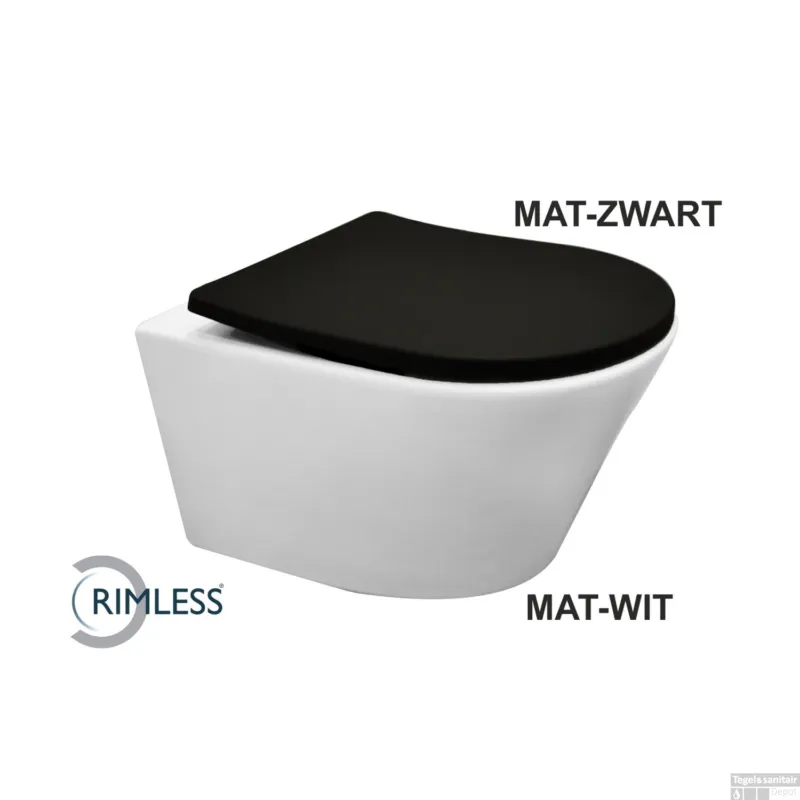Laatste Versie Wandcloset Wiesbaden Vesta Diepspoel Rimless Mat Wit ( incl. Flatline Zitting Mat Zwart)