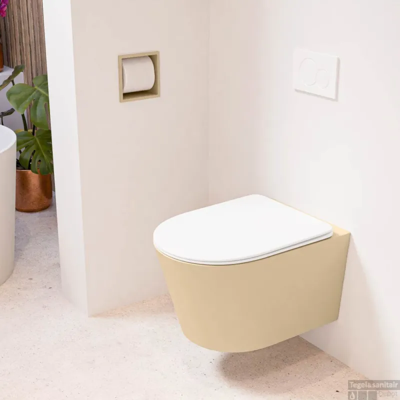 MONDIAZ LAVIE hangend toilet single fire rimless diepspoel Sand, Toiletzitting met quick-release & softclose Talc Korting