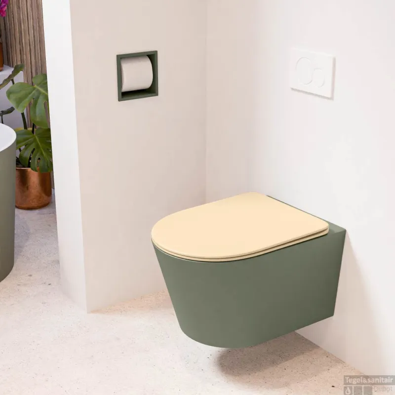 Premium MONDIAZ LAVIE hangend toilet single fire rimless diepspoel Army, Toiletzitting met quick-release & softclose Sand