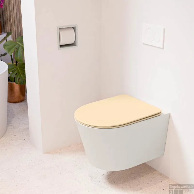 Hete Deal MONDIAZ LAVIE hangend toilet single fire rimless diepspoel Linen, Toiletzitting met quick-release & softclose Sand