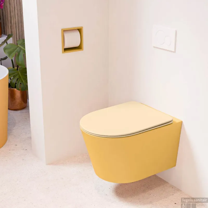 Beperkte Voorraad MONDIAZ LAVIE hangend toilet single fire rimless diepspoel Ocher, Toiletzitting met quick-release & softclose Sand