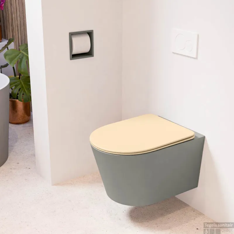 Korting MONDIAZ LAVIE hangend toilet single fire rimless diepspoel Smoke, Toiletzitting met quick-release & softclose Sand