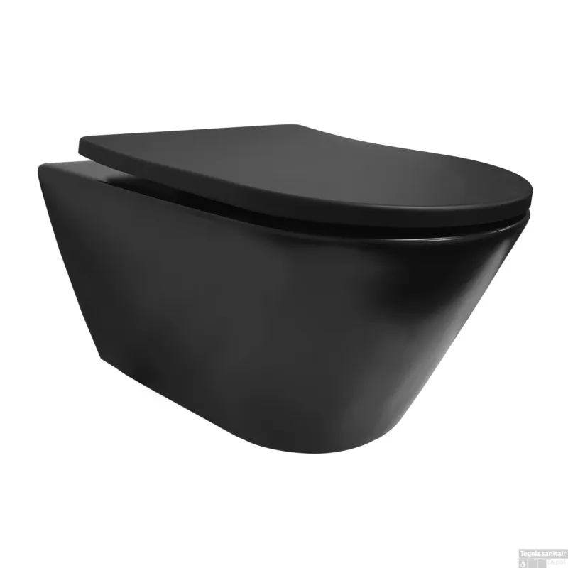 Wandcloset BWS 53x35x35 cm Keramiek Rimless Mat Zwart (Incl. zitting) Gereduceerde Prijs