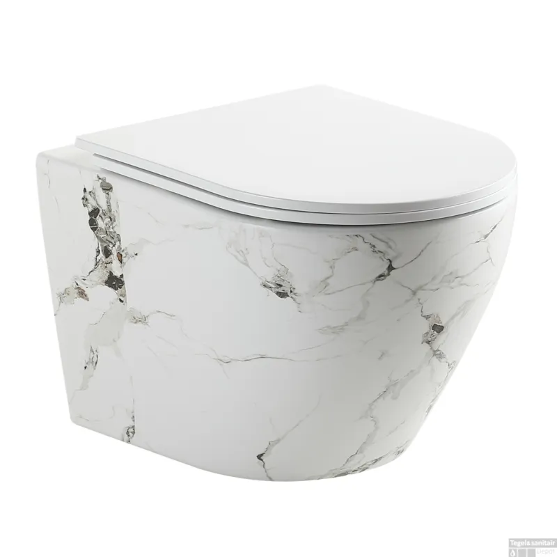 Wandcloset Best Design Zeus Zonder Spoelrand Incl. Zitting Glans Wit Marmerlook Weekendaanbieding