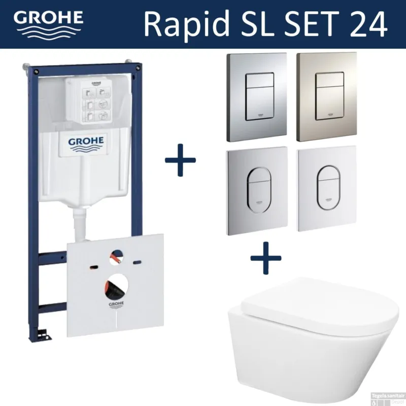 Lage Prijs Grohe Rapid SL Toiletset set24 Wiesbaden Vesta Rimless 52 cm met Grohe Arena of Skate drukplaat