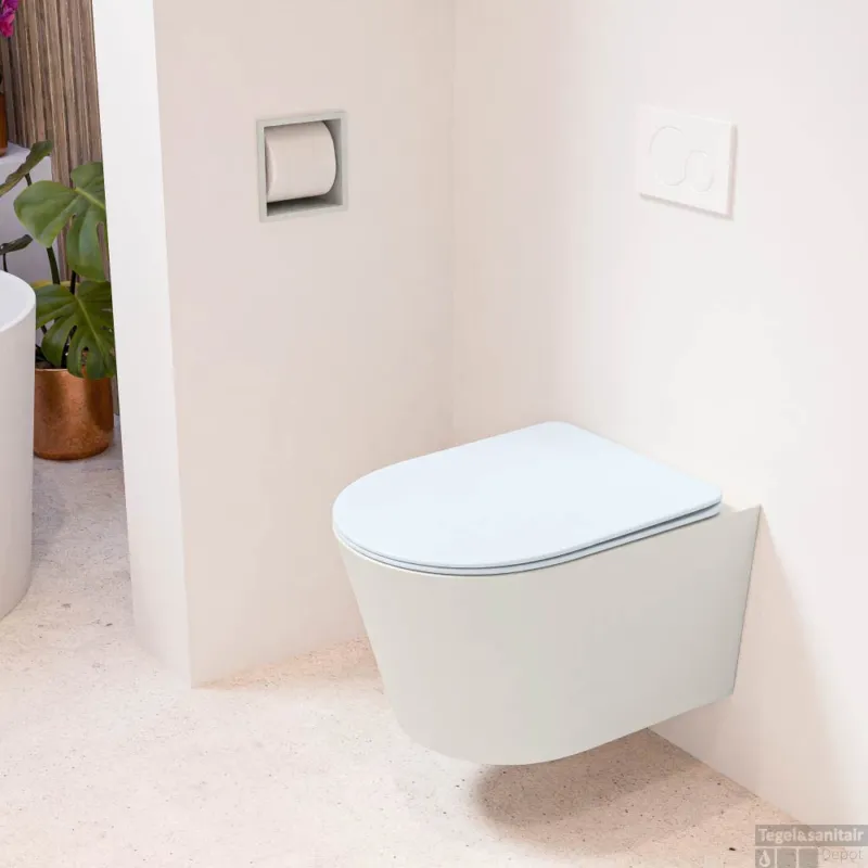 Veilige Betaling MONDIAZ LAVIE hangend toilet single fire rimless diepspoel Linen, Toiletzitting met quick-release & softclose Clay