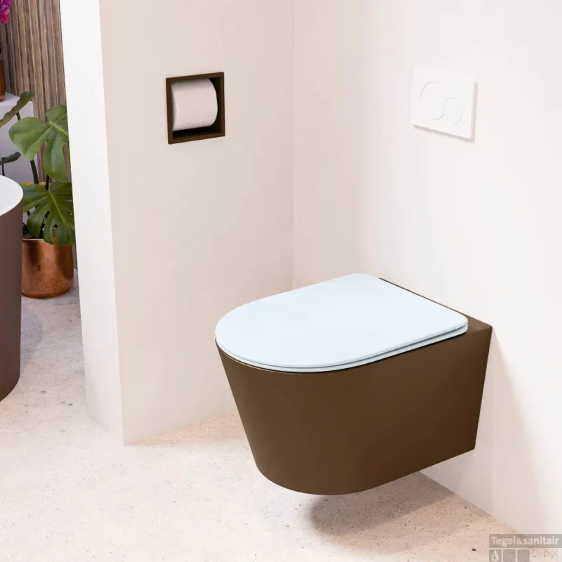 Goedkoop MONDIAZ LAVIE hangend toilet single fire rimless diepspoel Rust, Toiletzitting met quick-release & softclose Clay