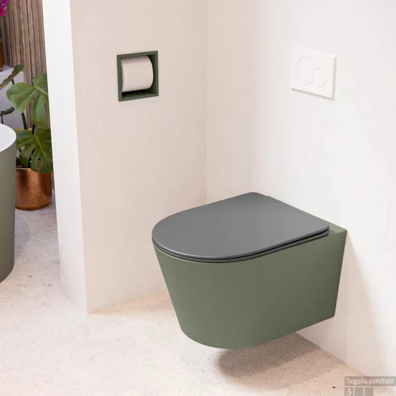Alleen Vandaag MONDIAZ LAVIE hangend toilet single fire rimless diepspoel Army, Toiletzitting met quick-release & softclose Dark Grey