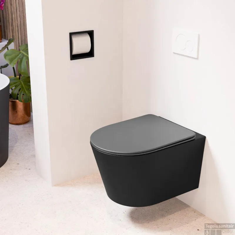 Betaalbaar MONDIAZ LAVIE hangend toilet single fire rimless diepspoel Urban, Toiletzitting met quick-release & softclose Dark Grey