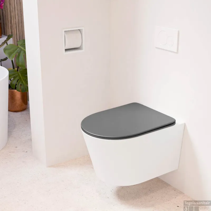 MONDIAZ LAVIE hangend toilet single fire rimless diepspoel Talc, Toiletzitting met quick-release & softclose Dark Grey Laatste Versie
