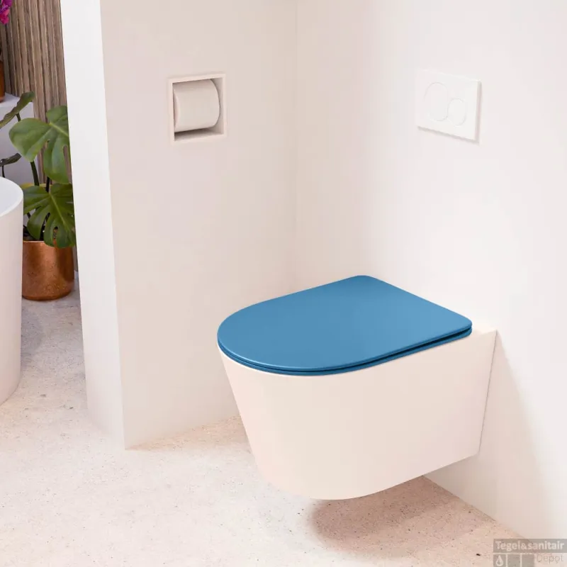 Betaalbaar MONDIAZ LAVIE hangend toilet single fire rimless diepspoel Rosee, Toiletzitting met quick-release & softclose Jeans