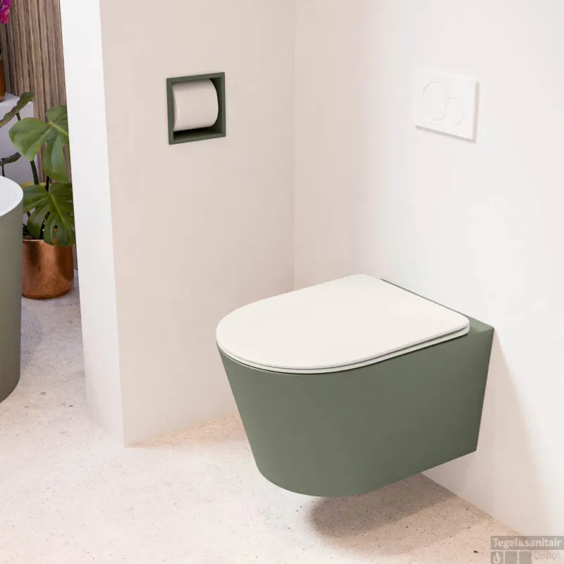 Veilige Betaling MONDIAZ LAVIE hangend toilet single fire rimless diepspoel Army, Toiletzitting met quick-release & softclose Linen