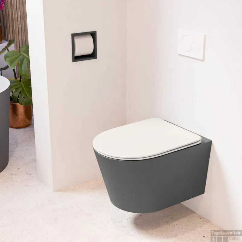 Aanbieding MONDIAZ LAVIE hangend toilet single fire rimless diepspoel Dark Grey, Toiletzitting met quick-release & softclose Linen