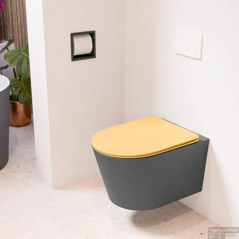 MONDIAZ LAVIE hangend toilet single fire rimless diepspoel Dark Grey, Toiletzitting met quick-release & softclose Ocher Voordeelprijs