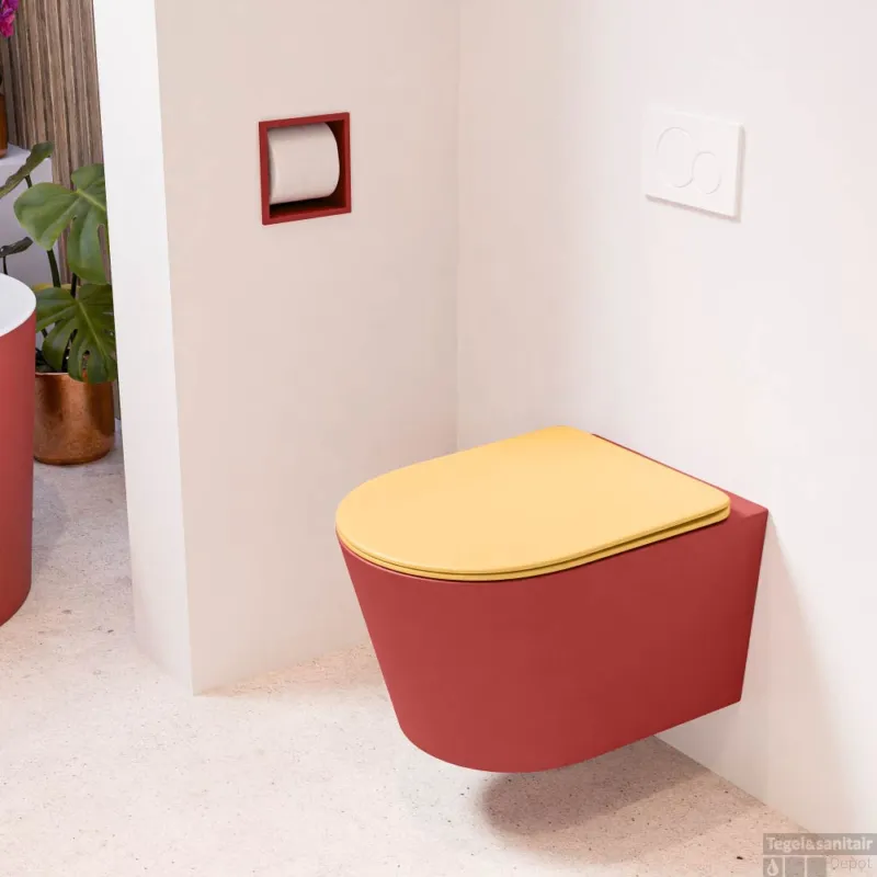 Veilige Betaling MONDIAZ LAVIE hangend toilet single fire rimless diepspoel Fire, Toiletzitting met quick-release & softclose Ocher