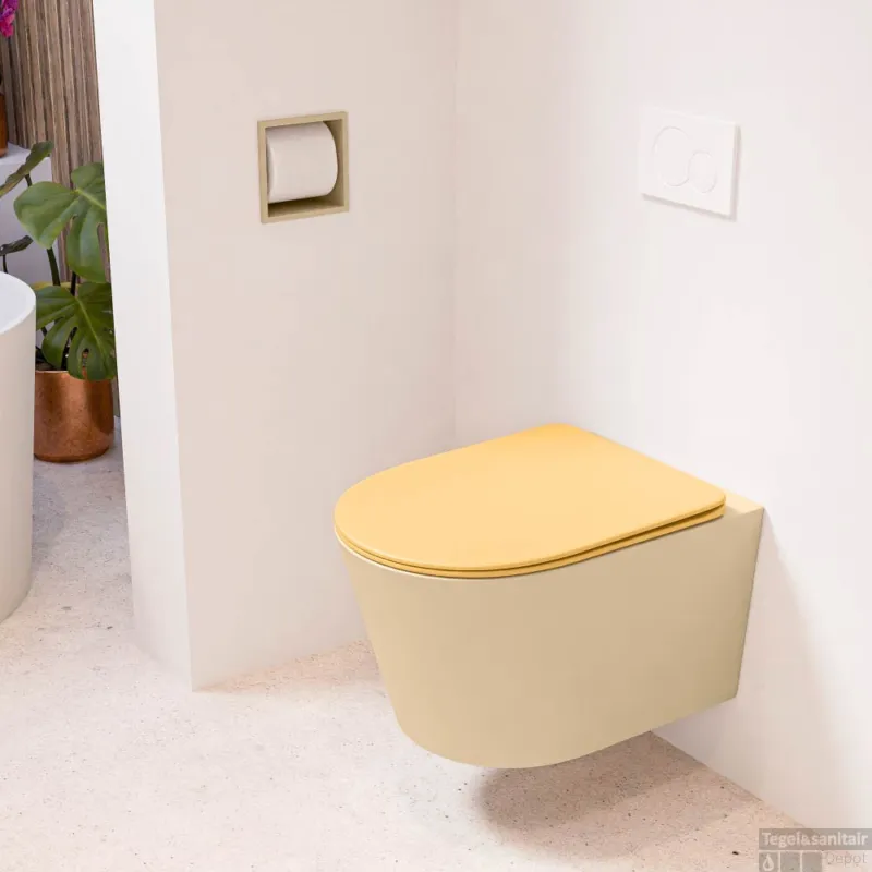 Finale Uitverkoop MONDIAZ LAVIE hangend toilet single fire rimless diepspoel Sand, Toiletzitting met quick-release & softclose Ocher