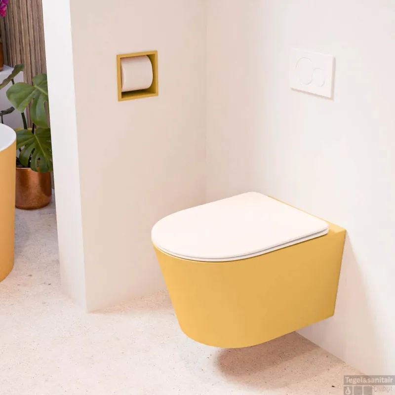 Direct Beschikbaar MONDIAZ LAVIE hangend toilet single fire rimless diepspoel Ocher, Toiletzitting met quick-release & softclose Rosee