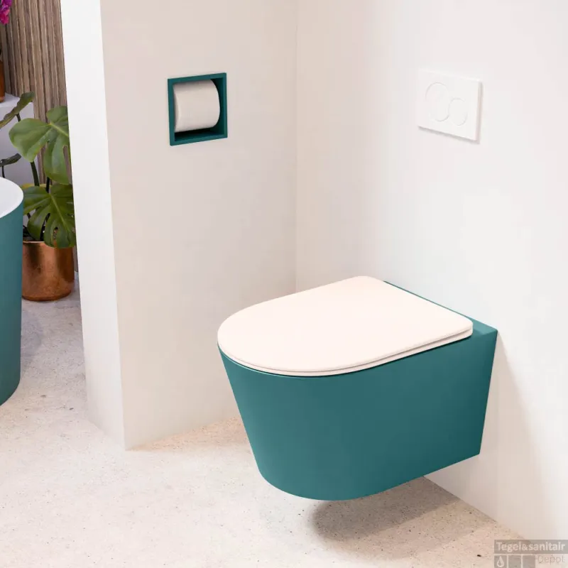 Koopje MONDIAZ LAVIE hangend toilet single fire rimless diepspoel Smag, Toiletzitting met quick-release & softclose Rosee
