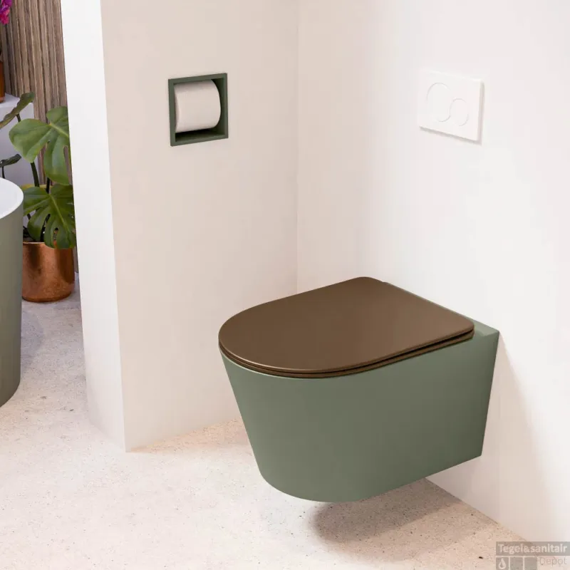 Voordeelprijs MONDIAZ LAVIE hangend toilet single fire rimless diepspoel Army, Toiletzitting met quick-release & softclose Rust