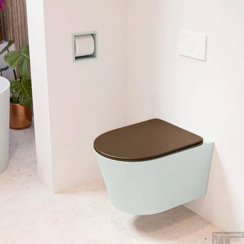 Op = Op MONDIAZ LAVIE hangend toilet single fire rimless diepspoel Greey, Toiletzitting met quick-release & softclose Rust