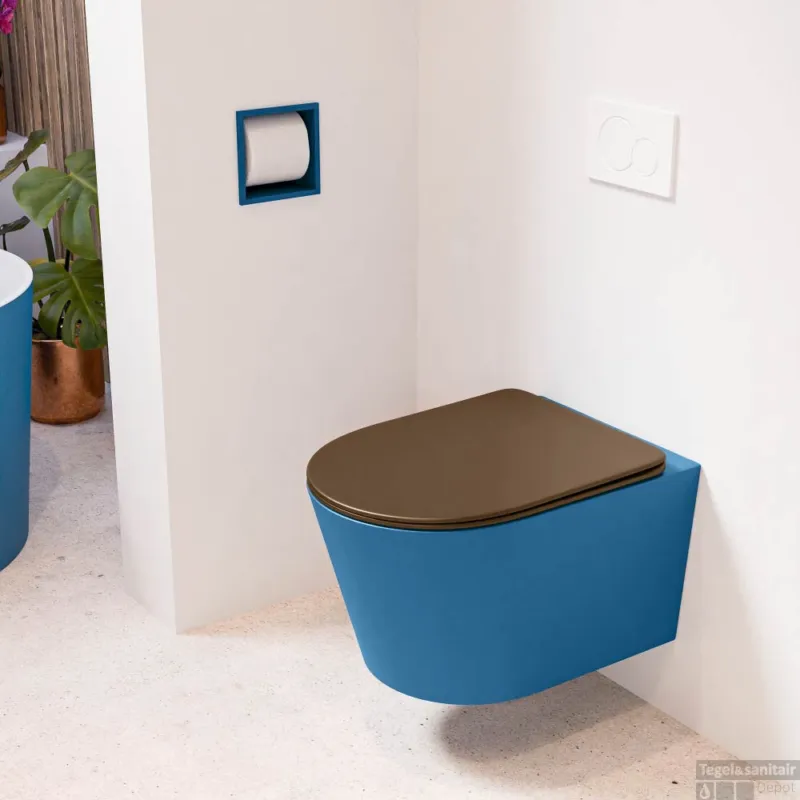 MONDIAZ LAVIE hangend toilet single fire rimless diepspoel Jeans, Toiletzitting met quick-release & softclose Rust Flitsaanbieding