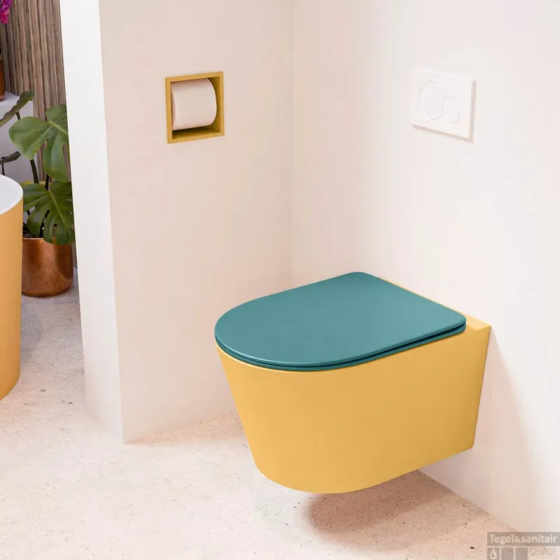 Gereduceerde Prijs MONDIAZ LAVIE hangend toilet single fire rimless diepspoel Ocher, Toiletzitting met quick-release & softclose Smag