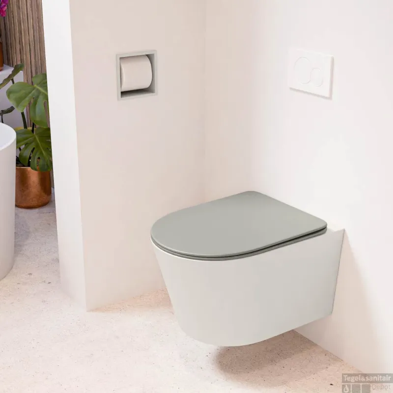 MONDIAZ LAVIE hangend toilet single fire rimless diepspoel Linen, Toiletzitting met quick-release & softclose Smoke Beperkt Aanbod