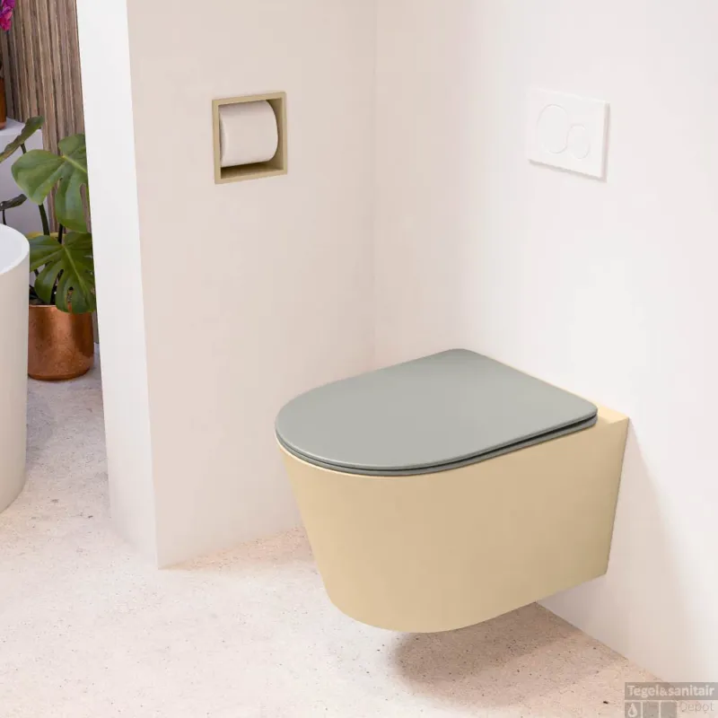 Direct Verzonden MONDIAZ LAVIE hangend toilet single fire rimless diepspoel Sand, Toiletzitting met quick-release & softclose Smoke