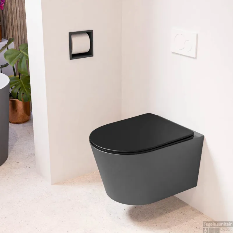 Veilige Betaling MONDIAZ LAVIE hangend toilet single fire rimless diepspoel Dark Grey, Toiletzitting met quick-release & softclose Urban