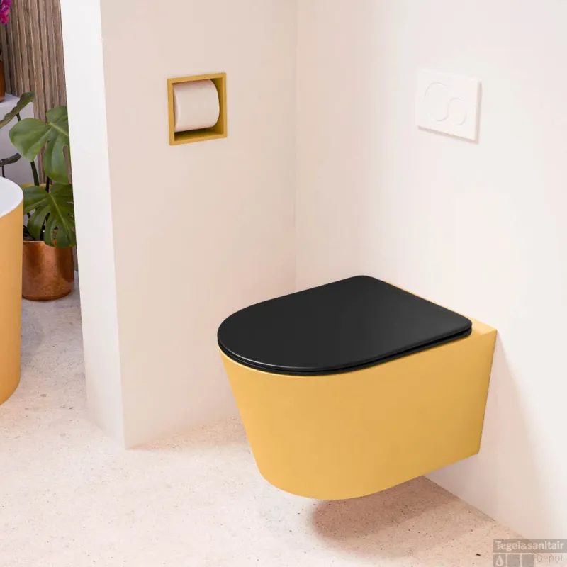 Exclusieve Aanbieding MONDIAZ LAVIE hangend toilet single fire rimless diepspoel Ocher, Toiletzitting met quick-release & softclose Urban