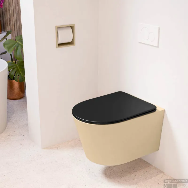 Actieprijs MONDIAZ LAVIE hangend toilet single fire rimless diepspoel Sand, Toiletzitting met quick-release & softclose Urban