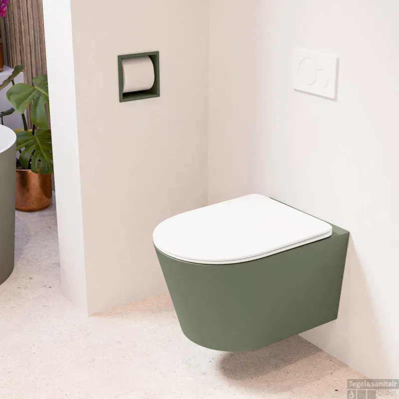 MONDIAZ LAVIE hangend toilet single fire rimless diepspoel Army, Toiletzitting met quick-release & softclose Talc Superprijs