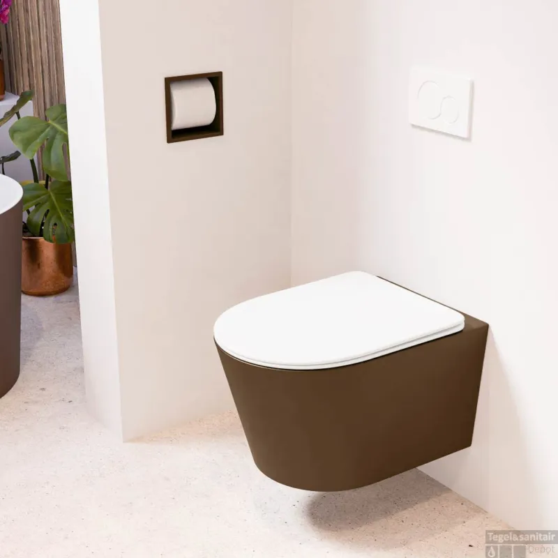 Snelle Levering MONDIAZ LAVIE hangend toilet single fire rimless diepspoel Rust, Toiletzitting met quick-release & softclose Talc
