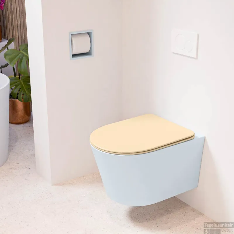 Meest Verkocht MONDIAZ LAVIE hangend toilet single fire rimless diepspoel Clay, Toiletzitting met quick-release & softclose Sand